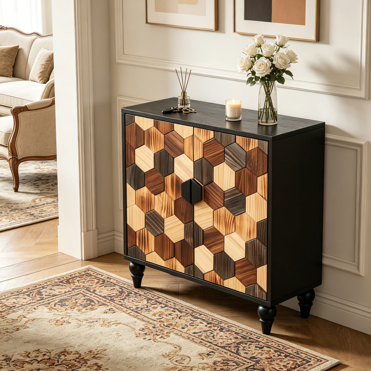 30.31' Sideboard With With Honeycomb Pattern, Modern Accent Cabinet