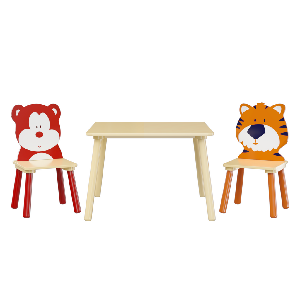 Bear & Tiger Kids Table & Chairs — 3-Piece, White & Orange