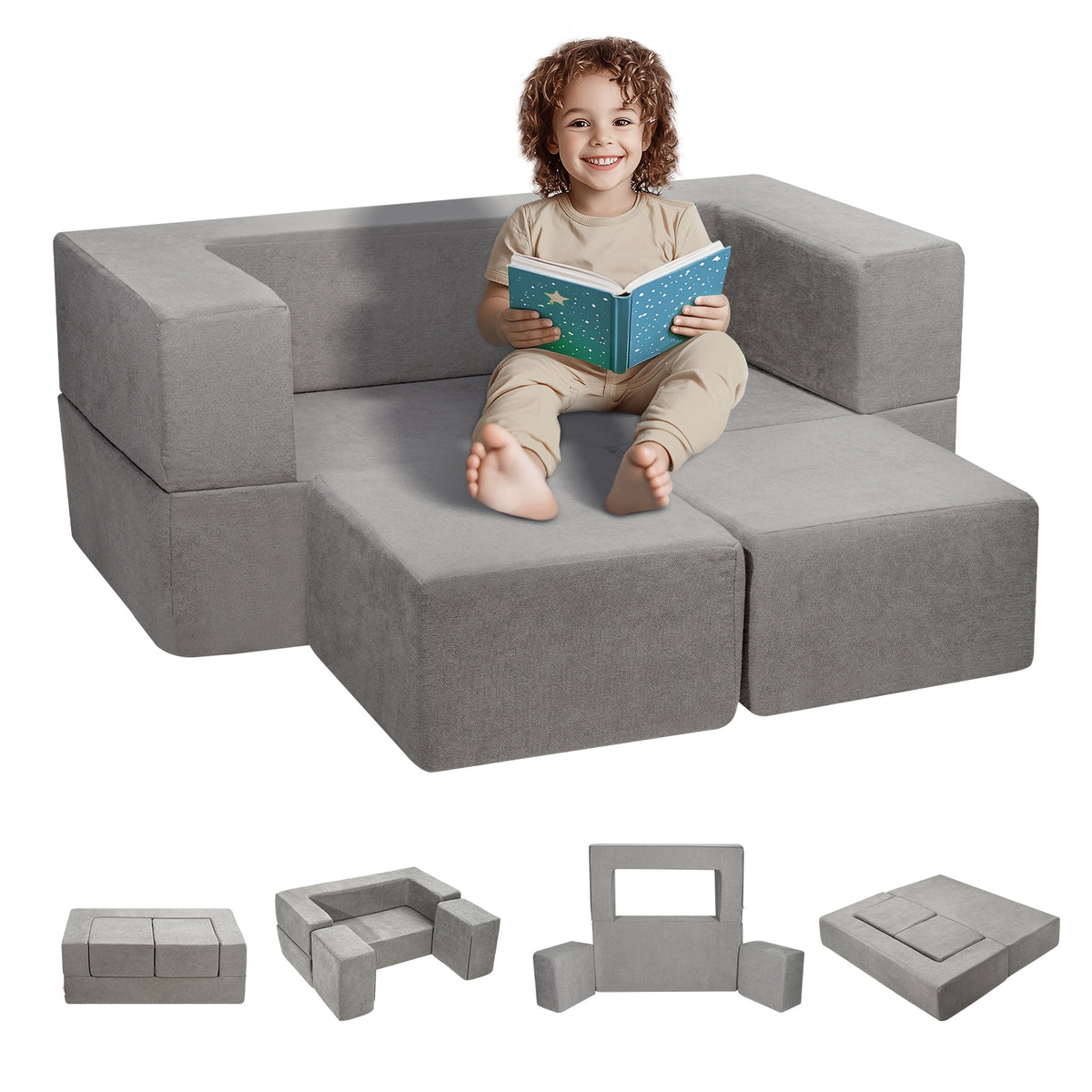 Kids Modular Play Couch — 4-Piece, Light Gray
