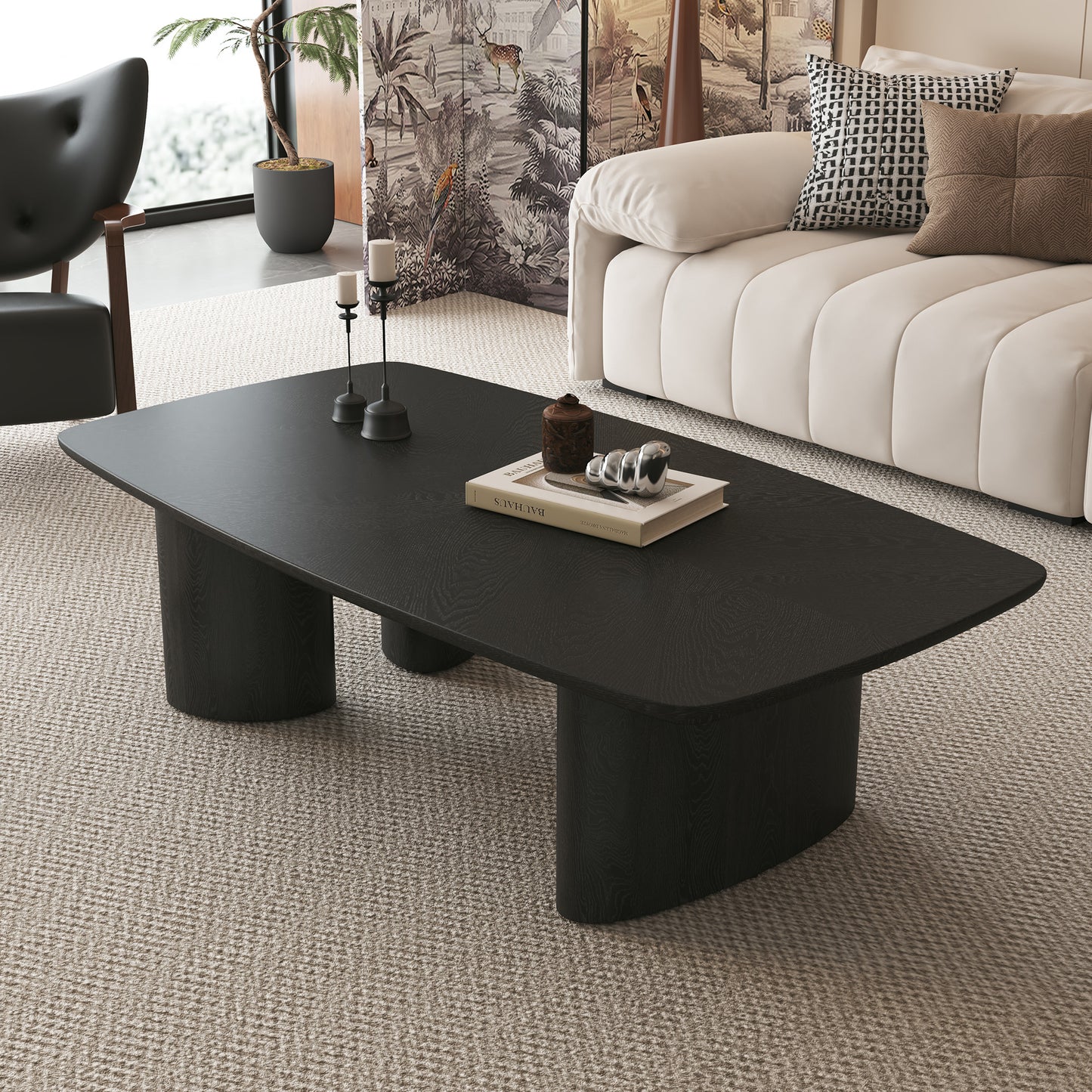 51.2' Black MDF Coffee Table with Ash Veneer Finish for Living Room, Farmhouse Rustic Style