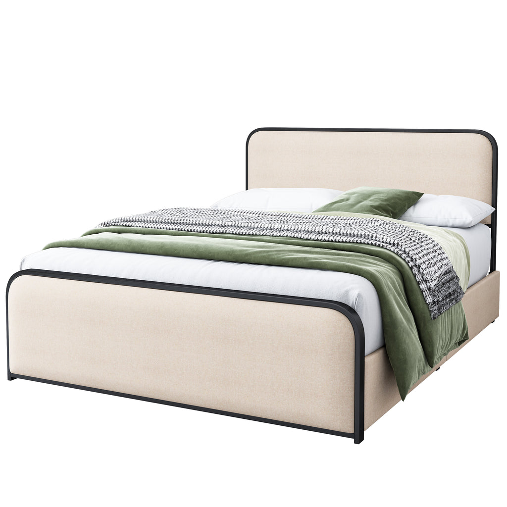 Curved Upholstered Storage Bed — Queen, Beige