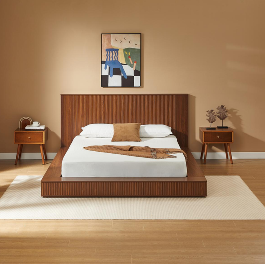 Japandi Low Profile Walnut Platform Bed – Queen (No Box Spring)