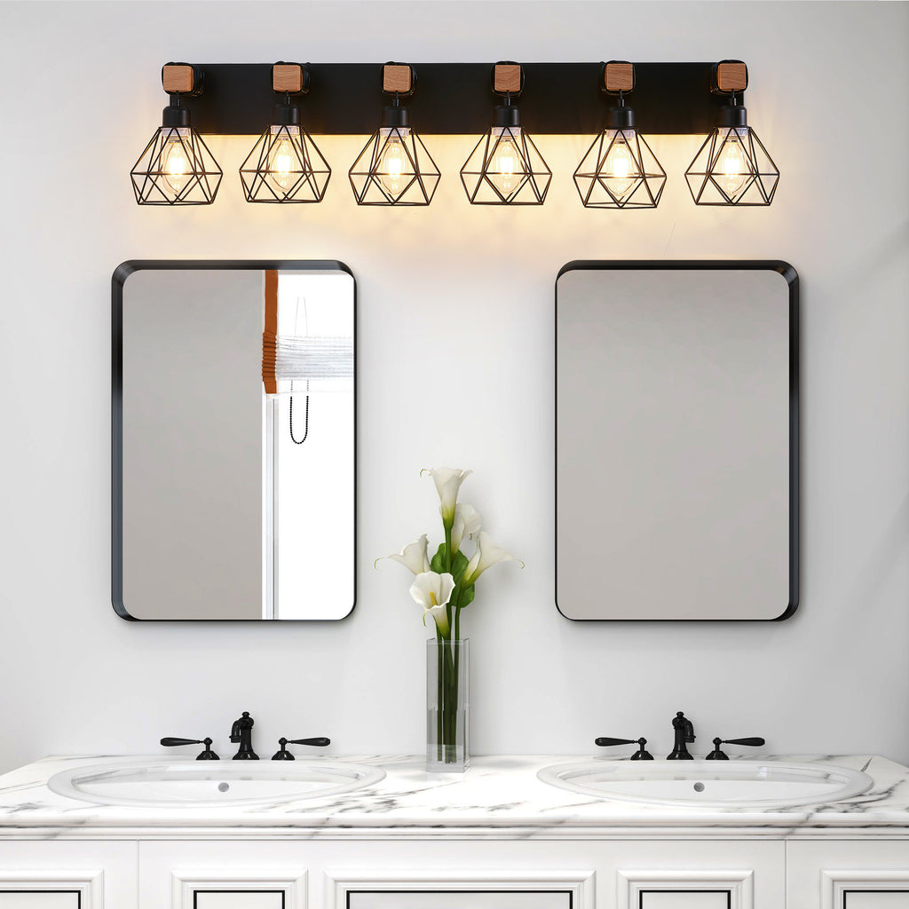 Geometric 6-Light Cage Vanity Light — 38", Black & Wood