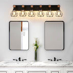 Geometric 6-Light Cage Vanity Light — 38", Black & Wood