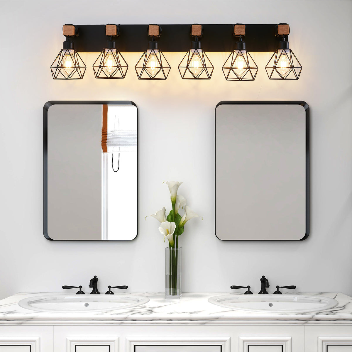 Geometric 6-Light Cage Vanity Light — 38", Black & Wood