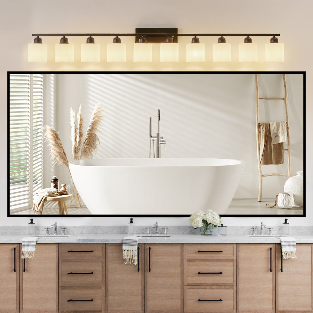 10-Light Vanity Light with White Glass — 65", Matte Black