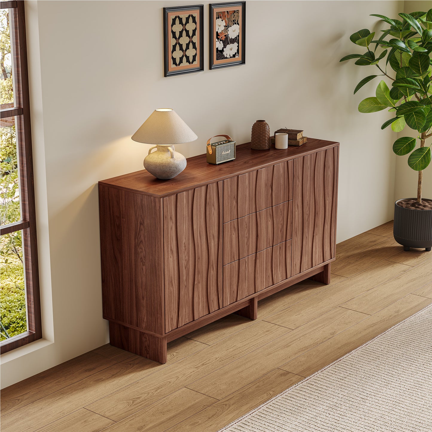47.2' Buffet Sideboard with 2 Doors and 3 Drawers, Walnut Finish with Stripe Grain Texture, Farmhouse Storage Cabinet for Dining Room Living Room Hallway, Large Space Accent Furniture, Easy Assembly
