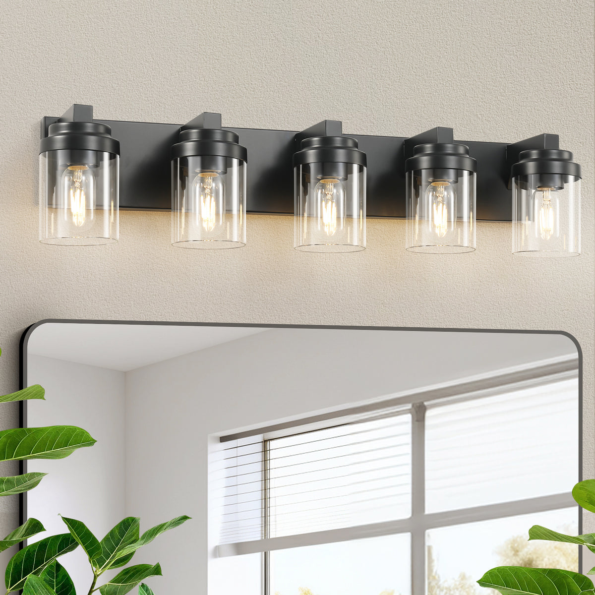 Modern 5-Light Vanity Light with Glass Shades — 31", Black