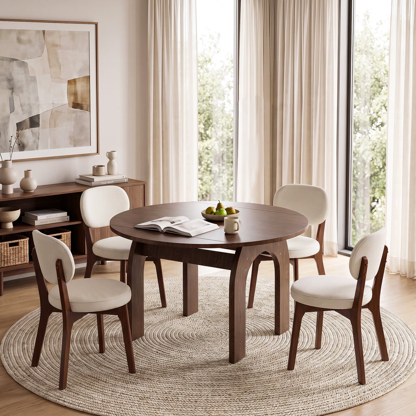 51.2' Solid Wood Extendable Dining Table, Converts Oval to Round with Walnut Finish, Sturdy Arch-Shaped Legs & Drop Leaf Design, Farmhouse Kitchen Table for Small Spaces, Easy Assembly