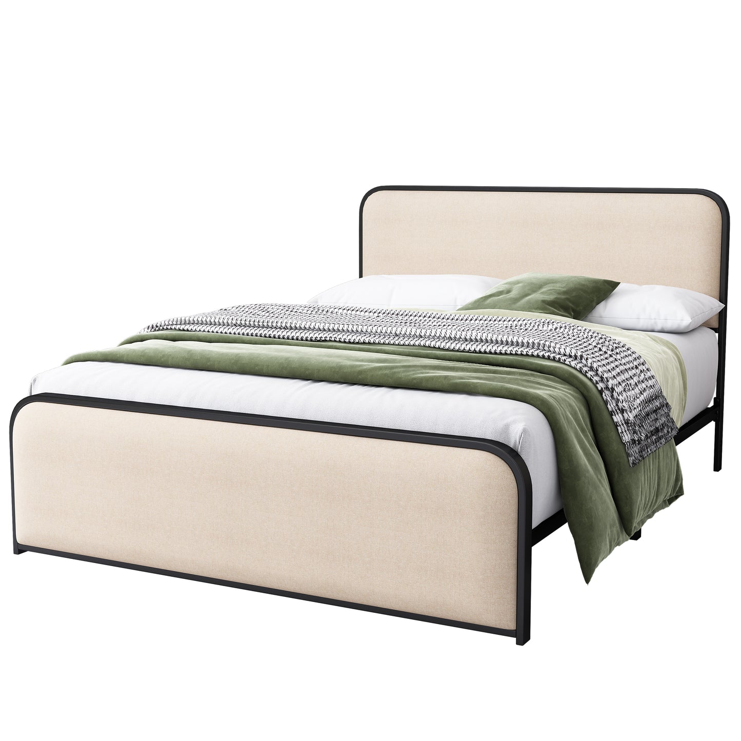 Curved Upholstered Queen Bed — Under-Bed Storage, Beige
