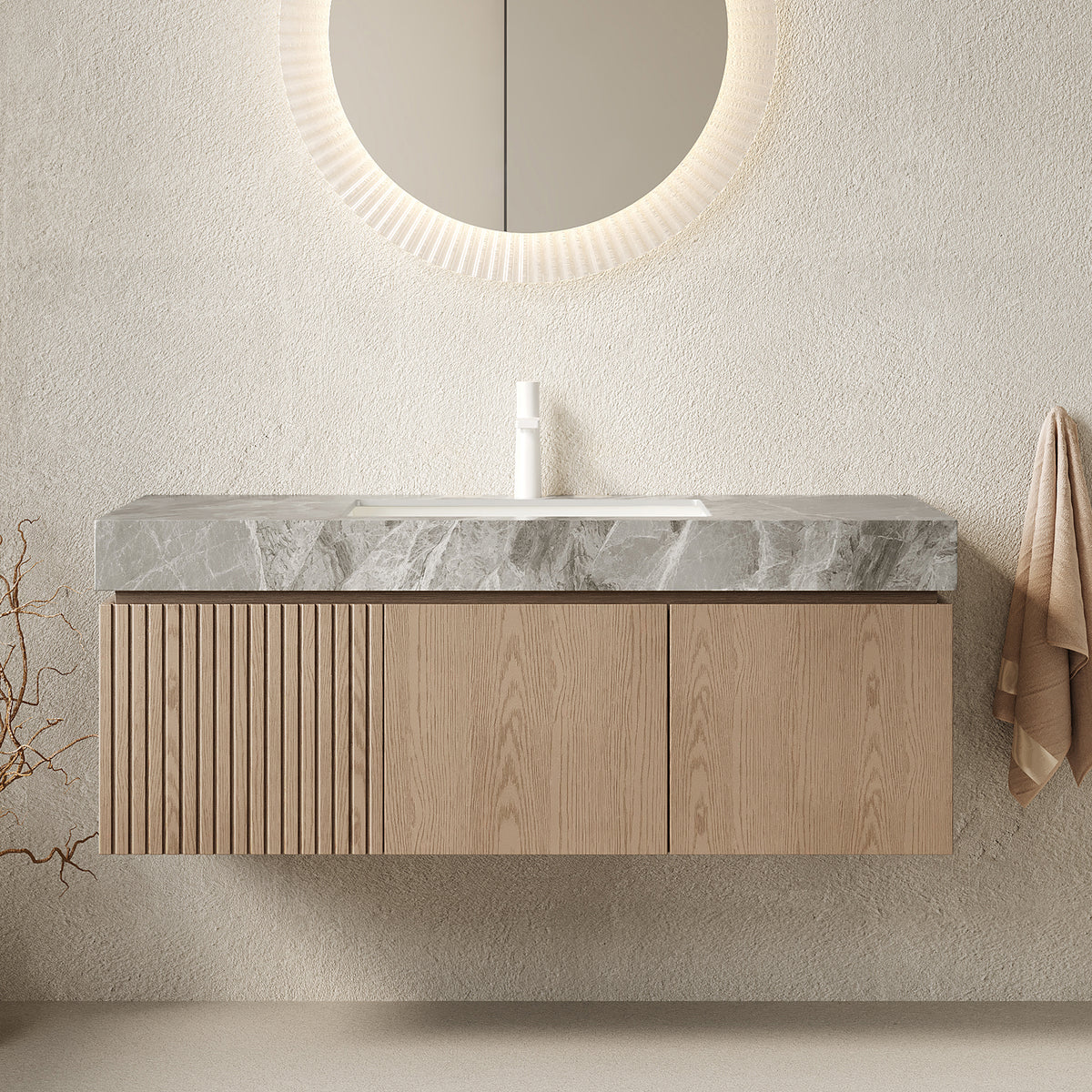 MURI Floating Bathroom Vanity with Stone Top — 48", Heidelberg Wood