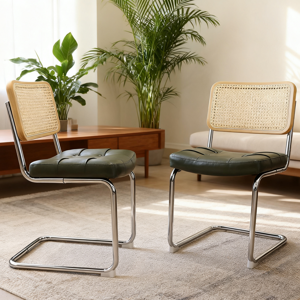 Breuer Dining Chairs — Rattan & Leather, Dark Green, Set of 2