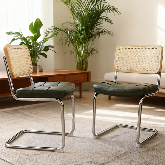 Breuer Dining Chairs — Rattan & Leather, Dark Green, Set of 2