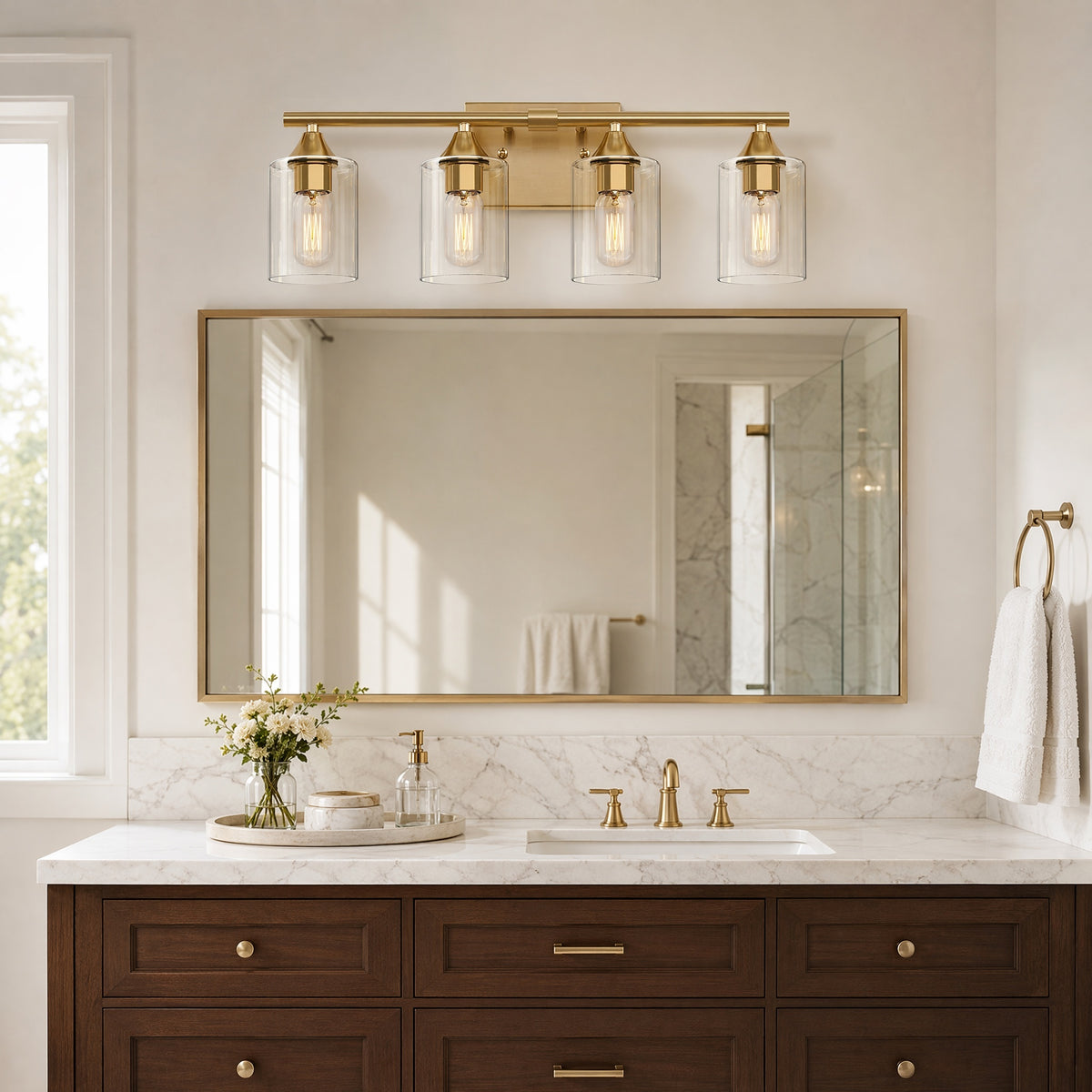 Farmhouse 4-Light Vanity Light with Clear Glass — Brushed Gold