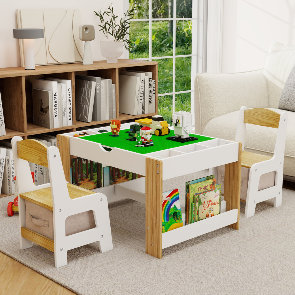 2-in-1 Building Block Kids Table & Chairs — White & Green
