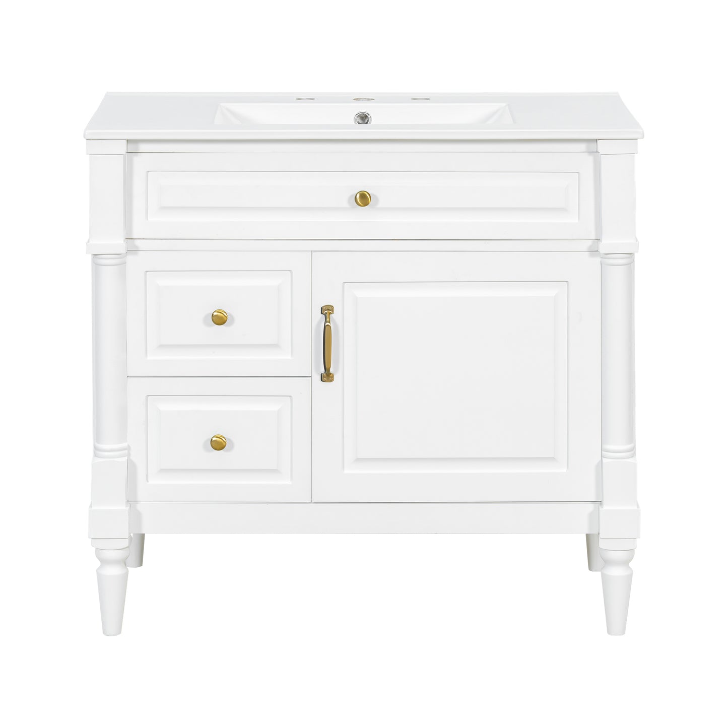 36' Freestanding Bathroom Vanity with Ceramic Sink, White Painted Finish, Rubberwood Frame & MDF Panels, Adjustable Shelf, Flip Drawer, Metal Handles