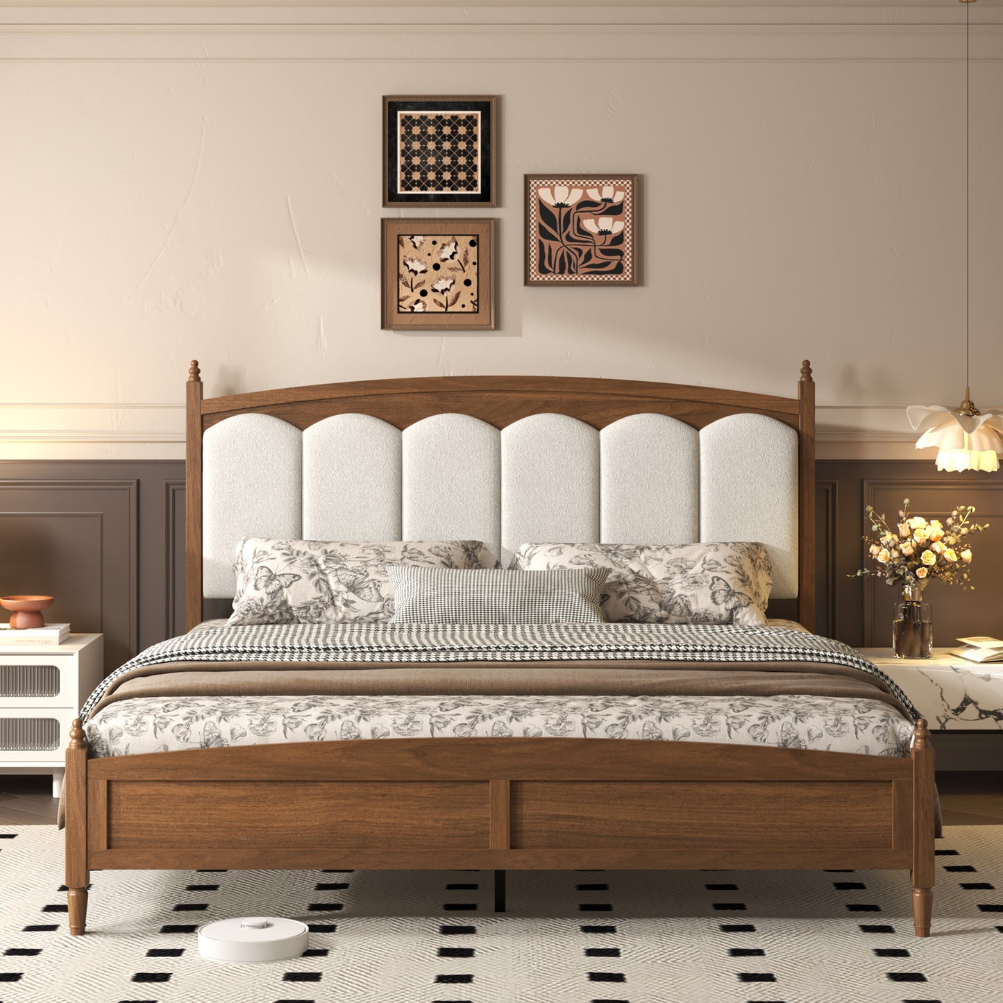 King Platform Bed with Upholstered Headboard – Brown, Mid-Century