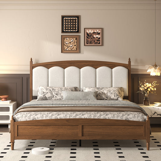 King Platform Bed with Upholstered Headboard – Brown, Mid-Century