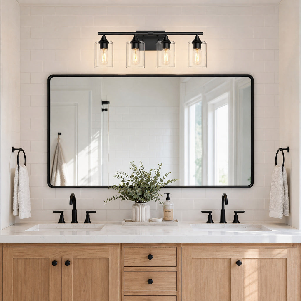 Industrial 4-Light Vanity Light with Clear Glass — Matte Black
