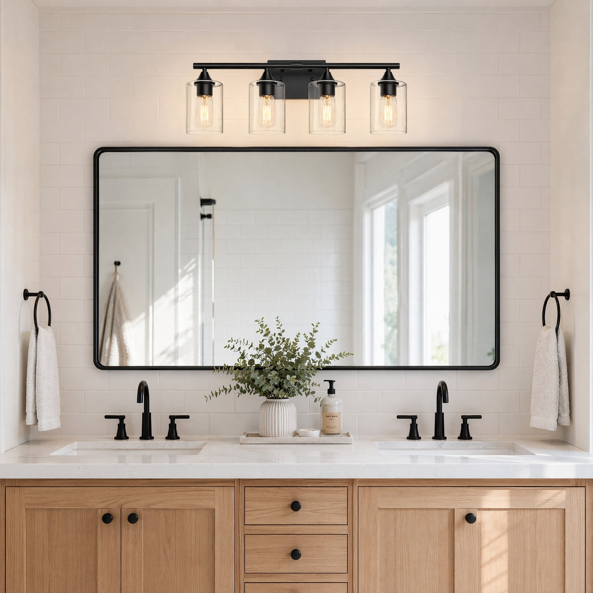 Industrial 4-Light Vanity Light with Clear Glass — Matte Black