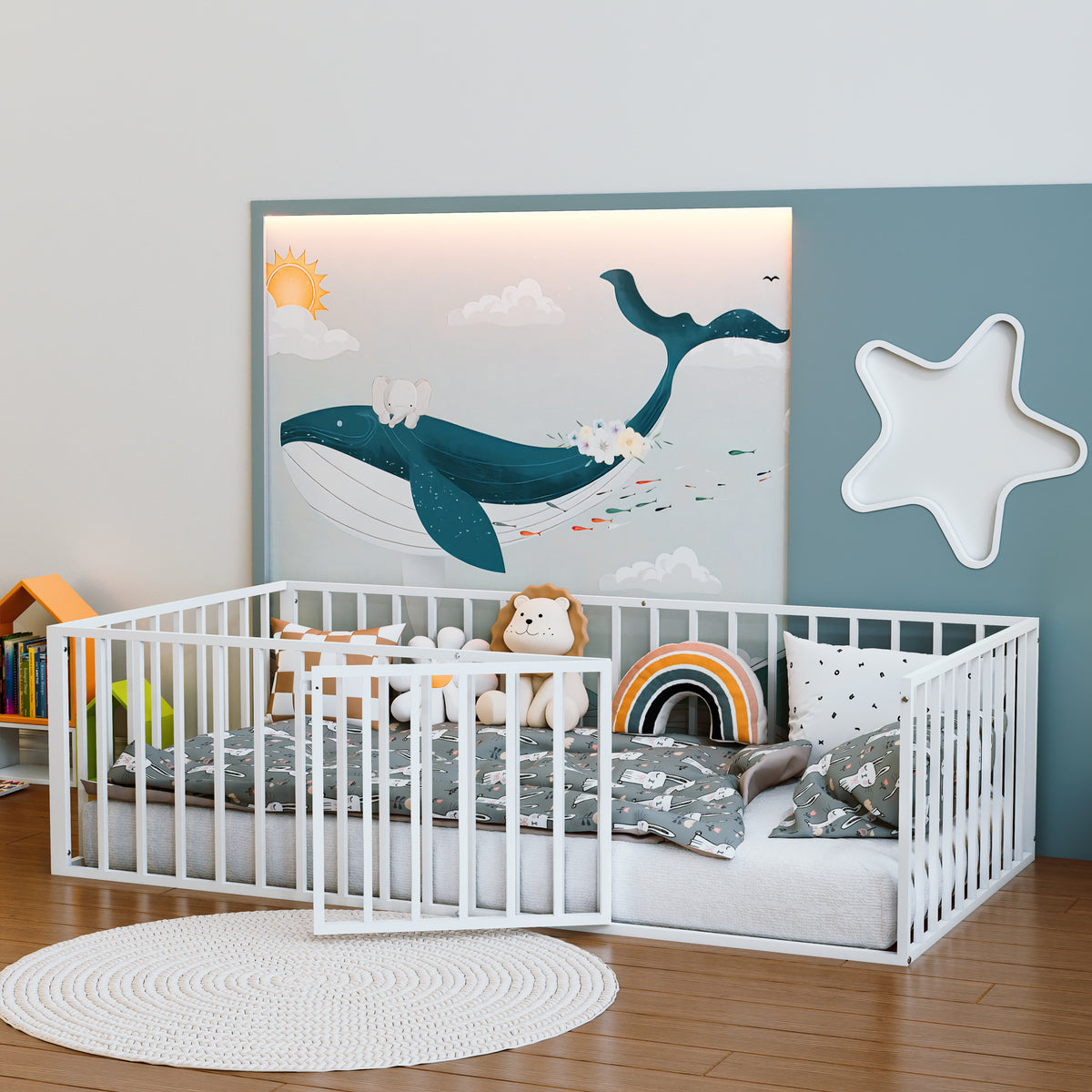 Kids Montessori Floor Bed with Fence (Twin) — White