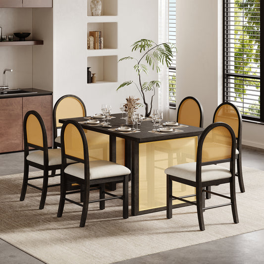 TREXM 7-Piece Farmhouse Dining Set – Oak Veneer & Rattan (Espresso)