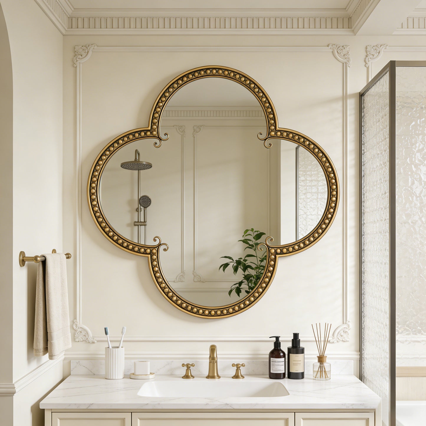 Quatrefoil Mirror, 31.5' Ornate Irregular Accent Mirrors, Wall Decor Mirror with Large Beaded Metal Frame, Glam Antique Gold Mirrors for Bathroom, Living Room, Dining Room, Bedroom, Mantel, Entryway