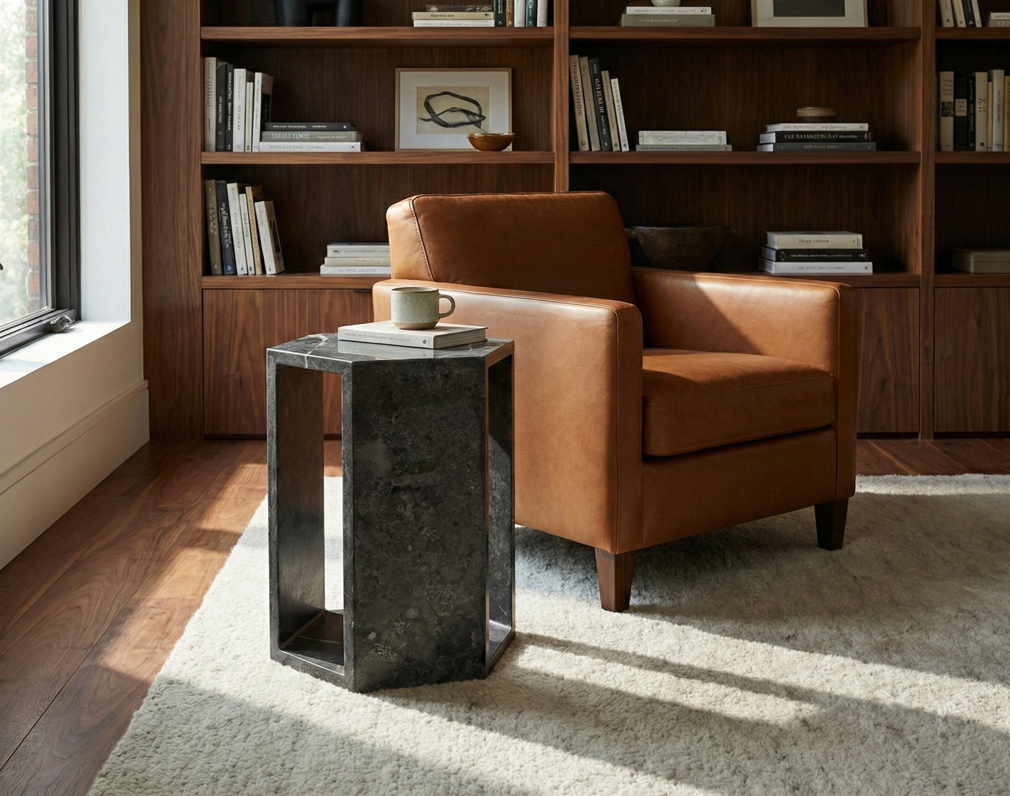 Modern Dark Grey Natural Marble Side Table, Hexagonal Geometric Pedestal Stand, 15.7' H Polished Real Stone End Table for Living Room, Bedroom Nightstand, Art Display - Architectural 'Solid & Void'