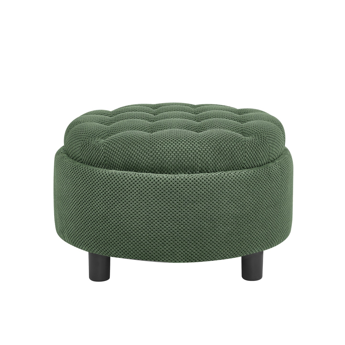 25 Inch Storage Ottoman, Round Footstool, Coffee Table Ottoman, Wooden Top Side Table, Fabric Upholstered Pouf, Small Space Furniture, Hidden Storage