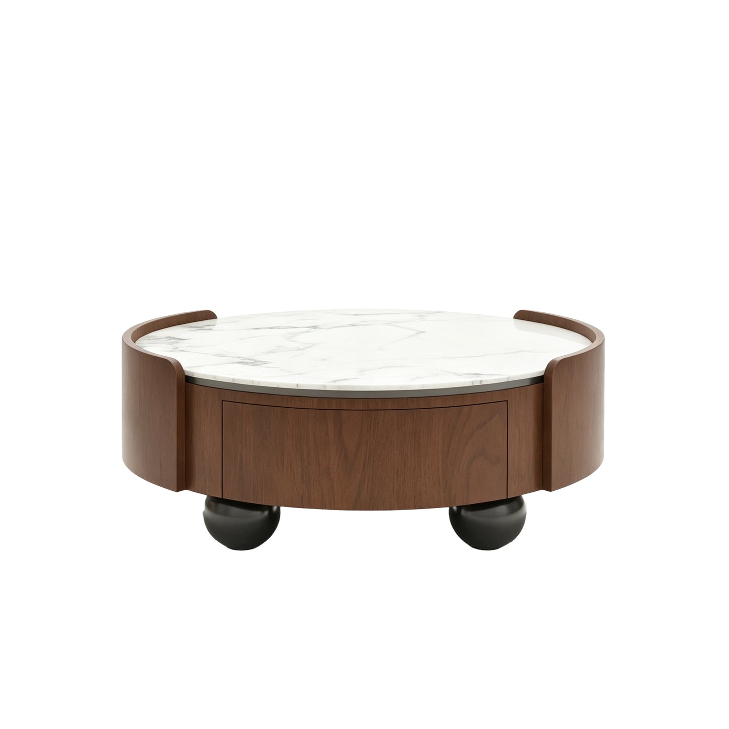 Mid-Century Modern Round Coffee Table with Walnut Wood Frame, Black Ball Feet, Dual Storage Drawers, 35.43 Inch Stone Top for Living Room Bedroom Home Office