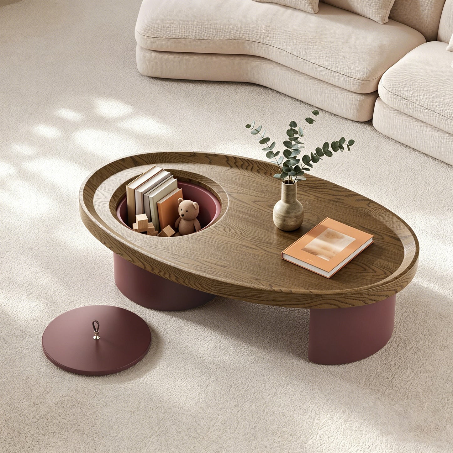 45.3' Oval Wood Coffee Table with Storage, Walnut Top with Red Legs, Mid-Century Modern Living Room Center Table, Farmhouse Accent Furniture for Large Spaces, Easy Assembly