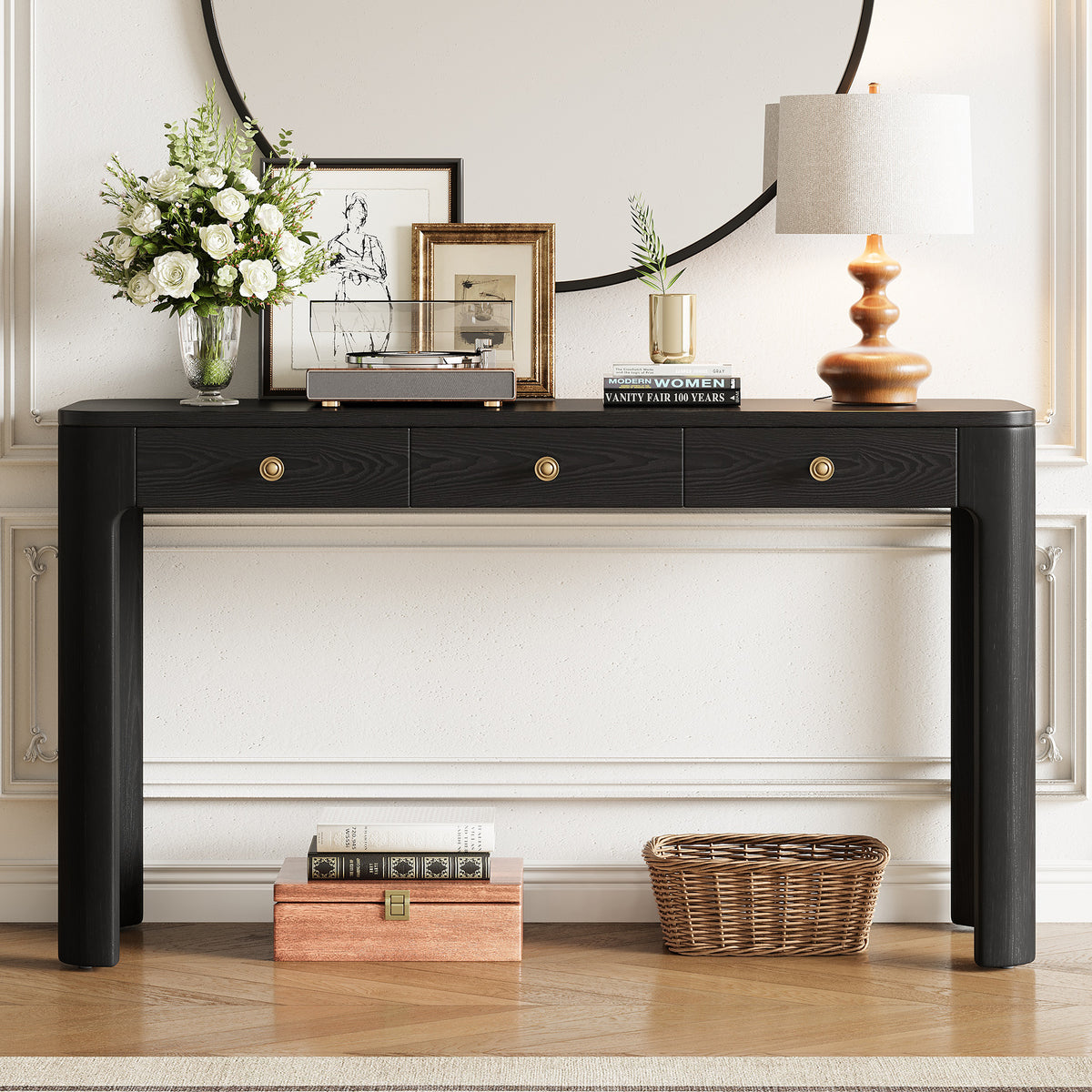 Rustic Three-Drawer Console Table — Black