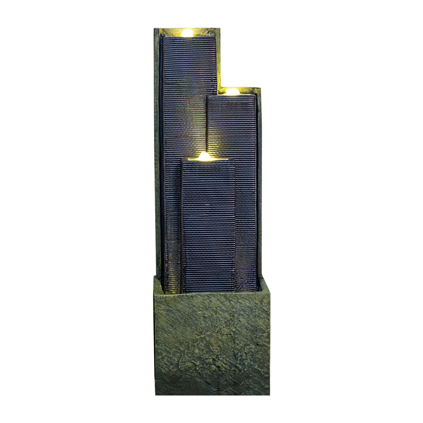 Modern Tiered Waterfall Fountain with LED Lights, 3-Tier Resin Water Feature, 39.7'