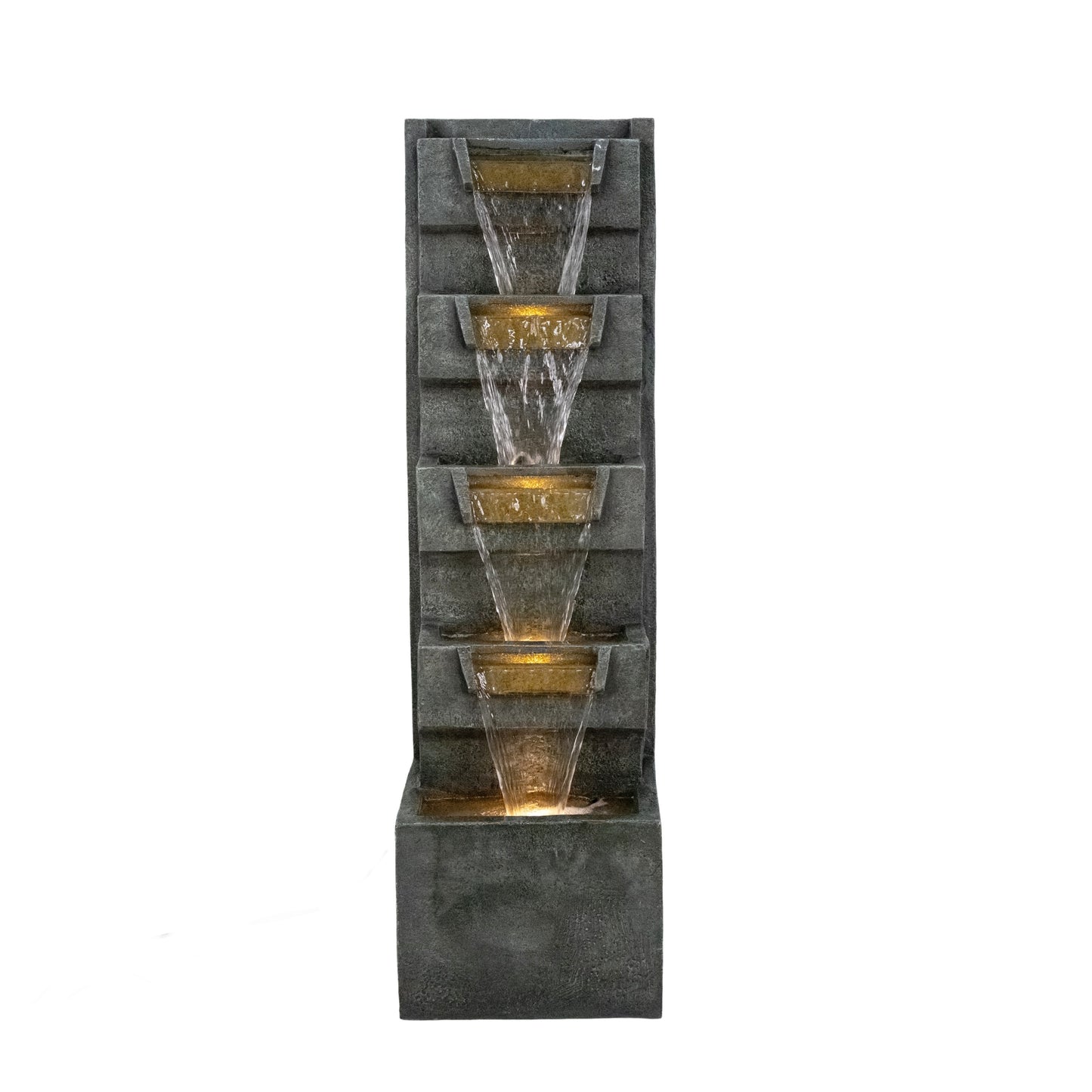 Tall 4-Tier Cascading Waterfall Fountain in Grey with Warm LED Lights, Resin Outdoor Water Feature for Patio Garden Porch Backyard Decor, 39.4' Height