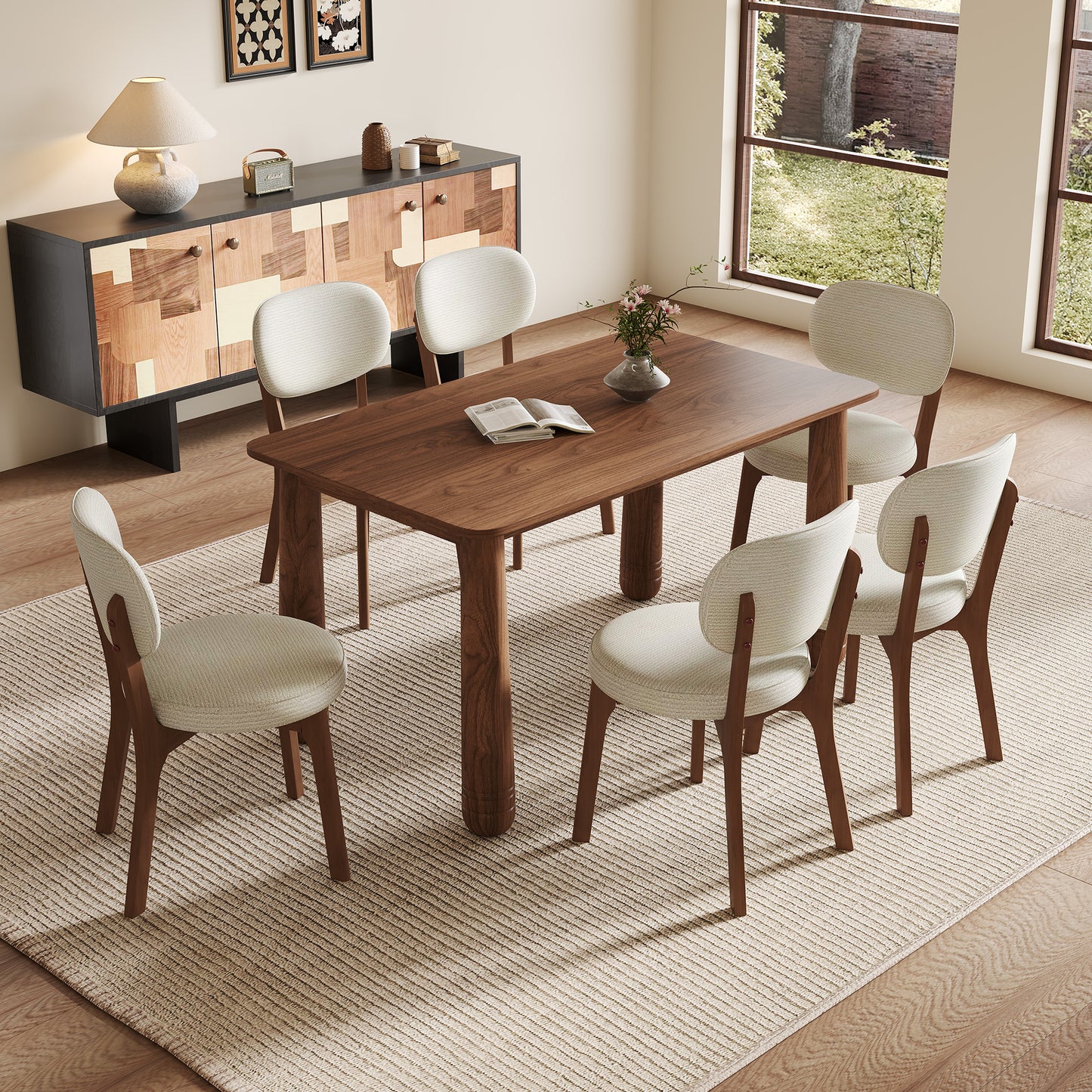 63' Solid Wood Dining Table, Rectangular Kitchen Table with Walnut Finish, Farmhouse Dinner Table for 4-6 People, Heavy-Duty Support up to 1000 lbs, Easy Assembly