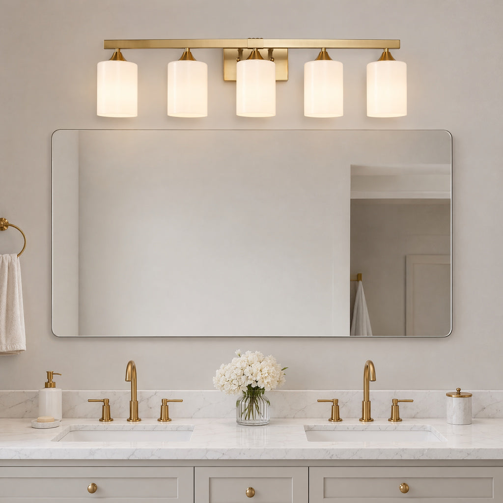 5-Light Vanity Light with Frosted Glass — Brushed Gold