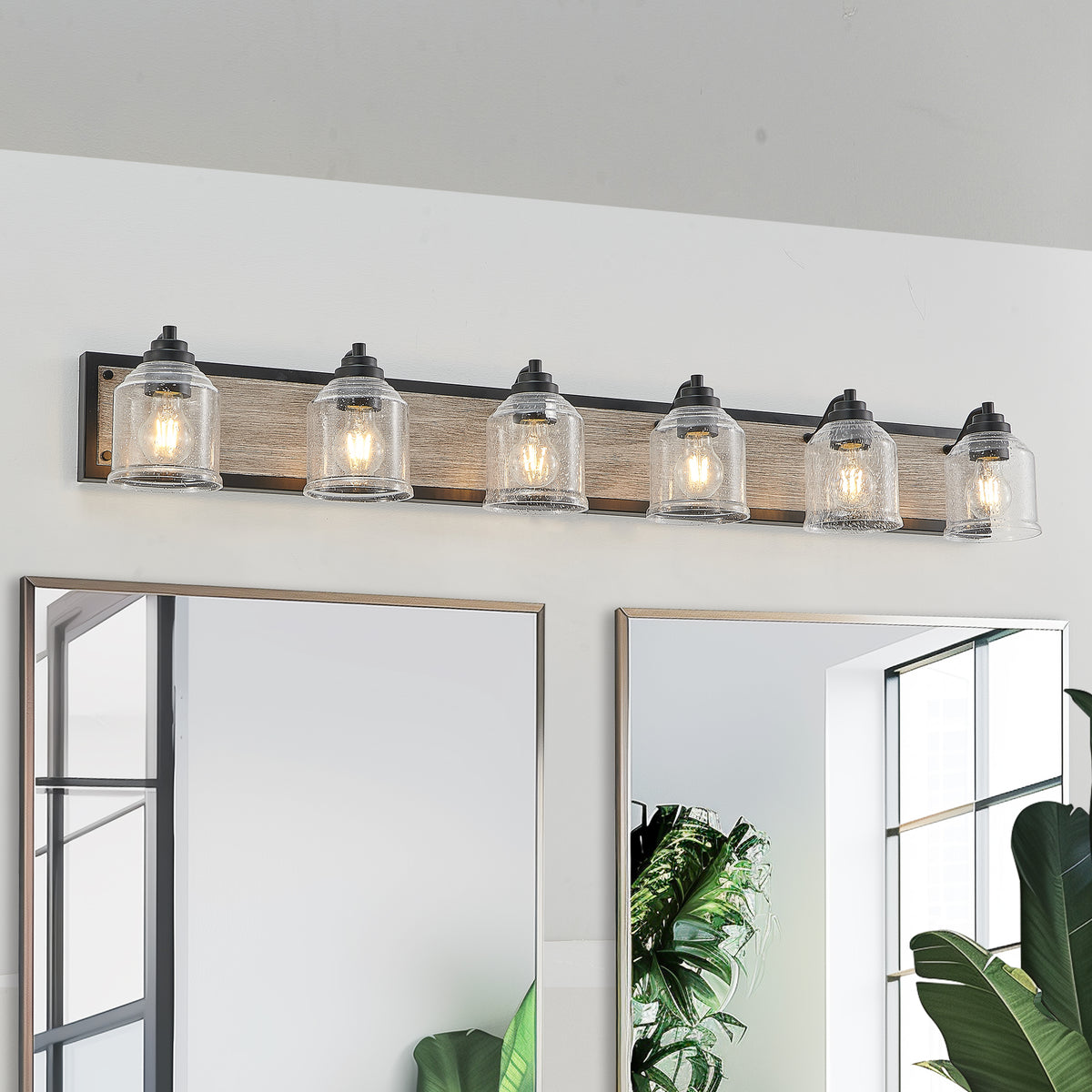 Farmhouse 6-Light Vanity Light with Seeded Glass — 49", Black & Wood