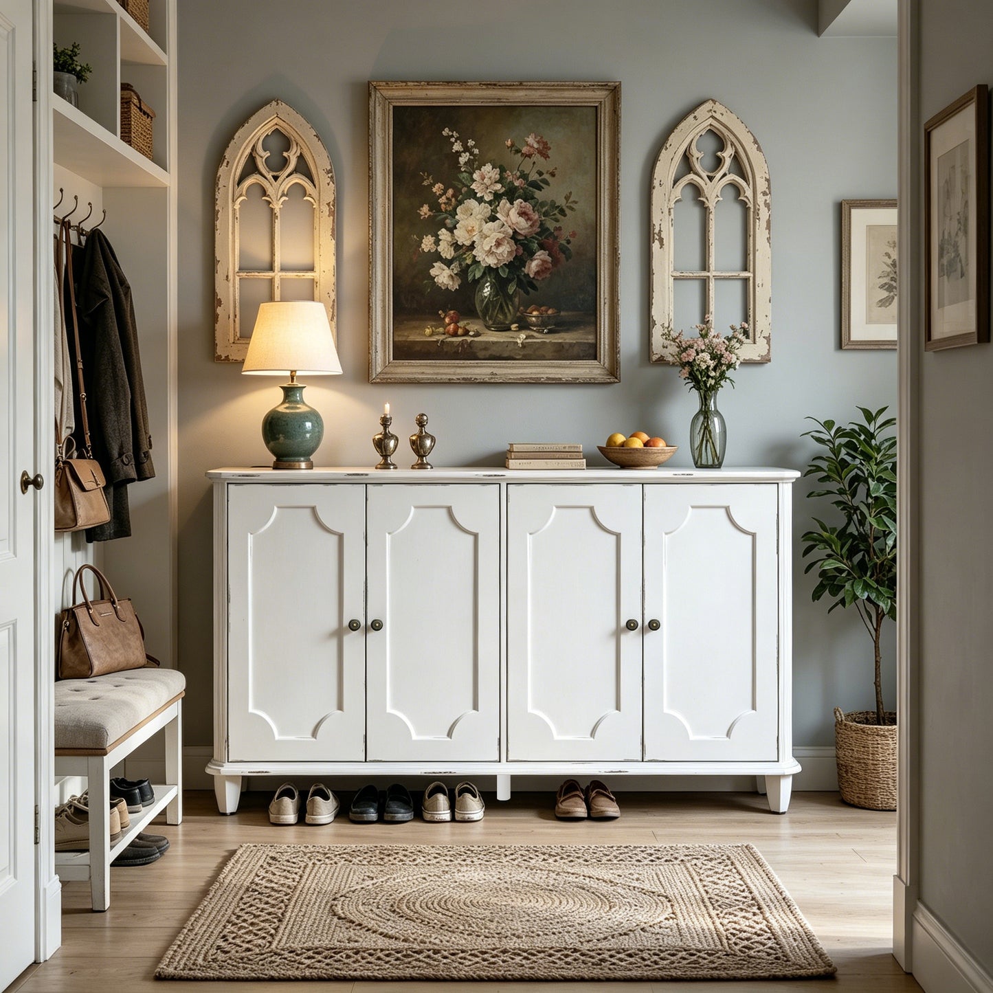 Vintage Distressed White Farmhouse Sideboard Buffet Cabinet, 4 Decorative Curved Doors Closed Storage Credenza Cupboard,63'' Large Accent Console Cabinet for Entryway, Living Room, Kitchen, Bedroom